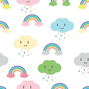 Rainbow with cute face cloud seamless pattern Stock Illustration