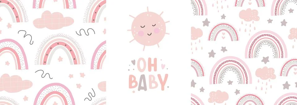Rainbow cute patterns and lettering - oh baby Stock Illustration