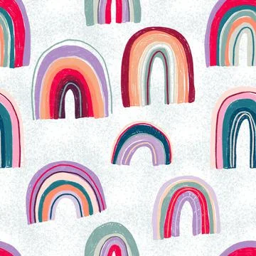 Rainbow cute seamless pattern on white background.Hand drawn pastel print wit Stock Illustration