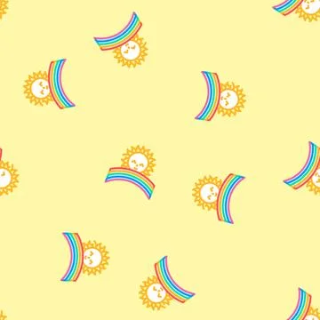 Rainbow cute sun character vector seamless pattern Stock Illustration