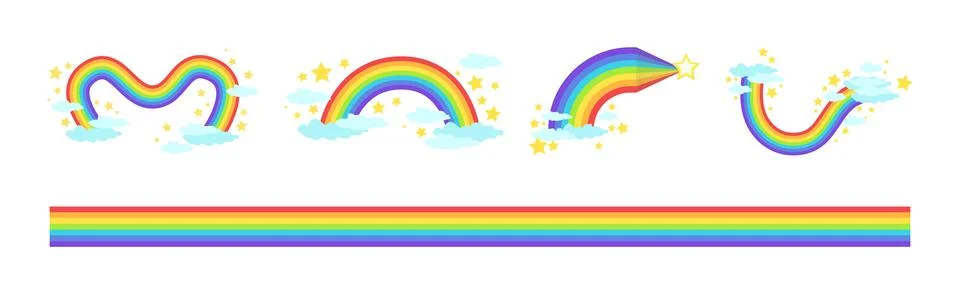 Rainbow Different Shape with Fluffy Cloud Vector Set 스톡 일러스트
