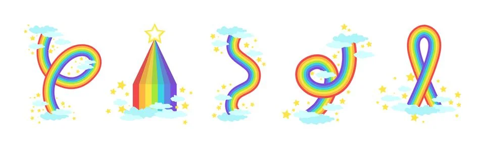 Rainbow Different Shape with Fluffy Cloud Vector Set 스톡 일러스트