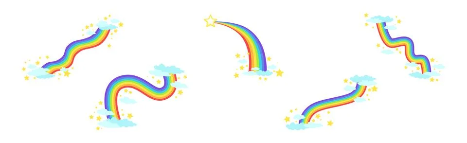 Rainbow Different Shape with Fluffy Cloud Vector Set 스톡 일러스트
