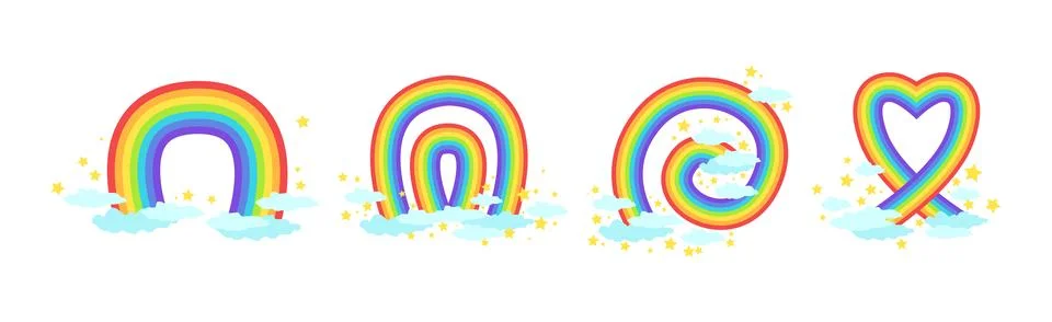Rainbow Different Shape with Fluffy Cloud Vector Set 스톡 일러스트