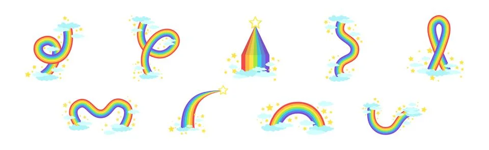 Rainbow Different Shape with Fluffy Cloud Vector Set Stock Illustration
