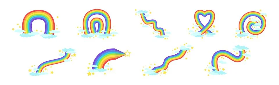 Rainbow Different Shape with Fluffy Cloud Vector Set 스톡 일러스트