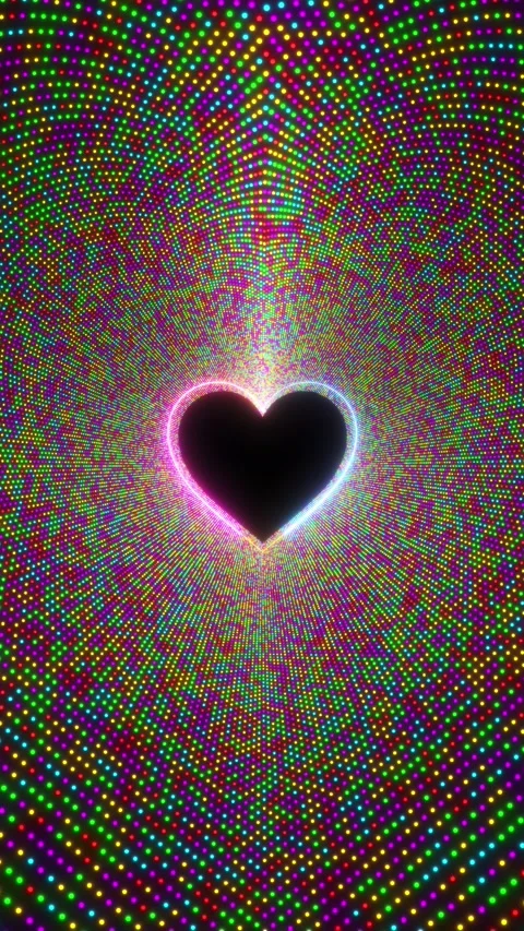Rainbow dotted heart tunnel bright neon pattern, dark center heart, and vibrant Stock Footage 340457401