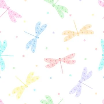Rainbow dragonfly seamless pattern.Hand drawn doodle. Linear style. Stock Illustration