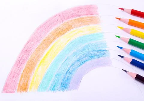 Rainbow drawing on paper with colored pencils Foto stock