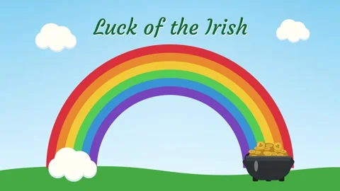 Rainbow drawing into a pot of gold with jumping coins and Luck of the Irish text 库存影片 348330120