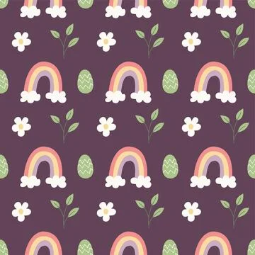 Rainbow easter seamless pattern vector. Cute flat rainbow, flower and decorated Stock Illustration