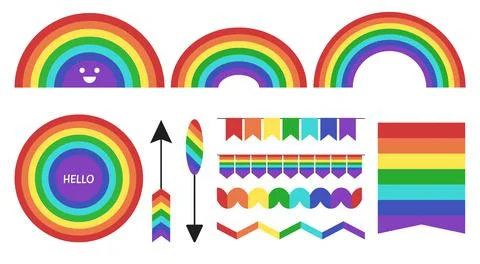Rainbow elements collection. Flag banners, arrows, rainbows full and half. Cute 스톡 일러스트