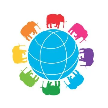 Rainbow elephants around the globe. Vector illustration of globe with Illustrazione stock
