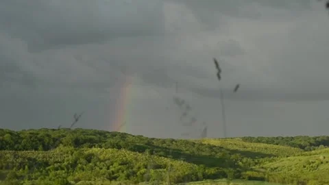 Rainbow on an evening summer evening. Forest view landscape Stockbeeldmateriaal 132268701