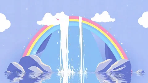Rainbow Falls: Animated Waterfall with Clouds, Rocks, and Sparkling Rainbow Stock Footage 317967481