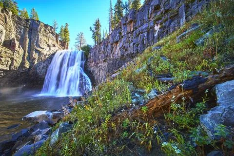 Rainbow Falls Waterfall Basalt Cliffs and Wildflowers in Devils Postpile Stock Photos