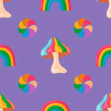 Rainbow fantasy vector seamless pattern with mushrooms 스톡 일러스트