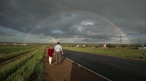 Rainbow Field Road People Stock Footage 54044997