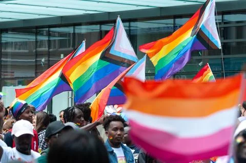 Rainbow flag during Pride Parade 스톡 사진