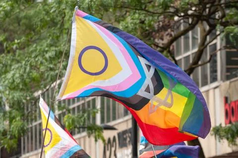 Rainbow flag during Pride Parade Stock Photos