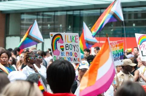 Rainbow flag during Pride Parade Stock Photos