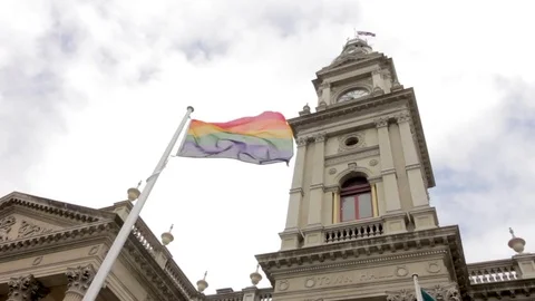 Rainbow flag, Fitzroy Townhall Stock Footage 81933836