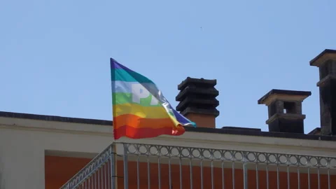Rainbow flag fluttering in the wind. Peace lettering. LGBT flag. Stock Footage 201201971