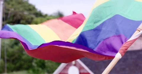 Rainbow flag - gay pride flag flying in wind - slow motion Stock Footage 83955249