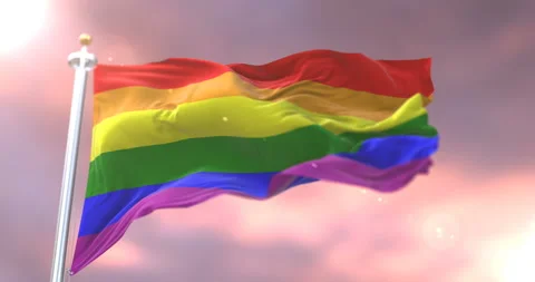 The rainbow flag, LGBT pride flag or gay pride flag waving at sunset, loop Stock Footage 95267886