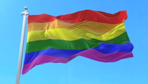 The rainbow flag, LGBT pride flag or gay pride flag waving at wind Stock Illustration