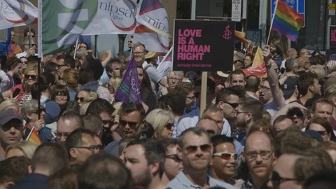 Rainbow flag at March for Marriage Equality, Belfast UK, HD Stock Footage 119968692