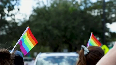 Rainbow Flag Raised Above the Crowd at Jacksonville Pride Parade Stock Footage 346920096