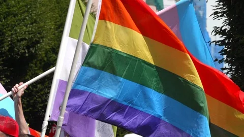 Rainbow Flag Slow Motion Pride Parade Celebration Slow Motion Downtown Street Stock Footage 97368562