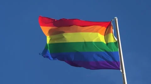 Rainbow flag waving against the blue sky | Stock Video | Pond5