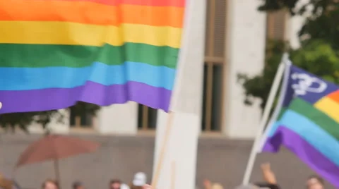 Rainbow flag waving with protest signs and flags in the background slow motion Stock Footage 51514897
