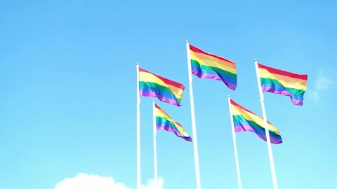 Rainbow flag waving in the wind against blue sky with clouds, sunny day, copy Stock Footage 170161731