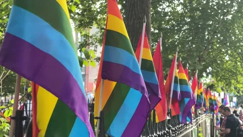 Rainbow flags for gay pride day LGBTQ month Christopher Street West Village  스톡 동영상 156691666