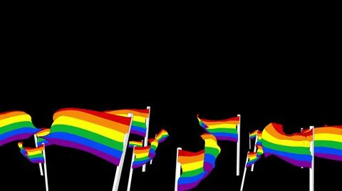 Rainbow flags LGBT waving 3D Render with flagpole on chroma key, gay pride or Illustrazione stock