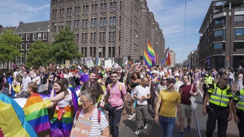 Rainbow Flags on Protest Walk Crowd Lhbti+ Gay Pride Netherlands Amsterdam Stock Footage 234409605