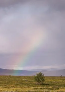 Rainbow at the flat mountain in Finnmark county, Norway Stock Photos
