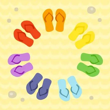 Rainbow flip flops in circle on the sand. Rainbow flip flops in circle on ... Stock Photos