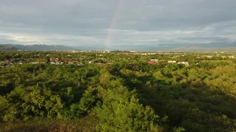 Rainbow in forest with rural dwellings Stock Footage 220086845