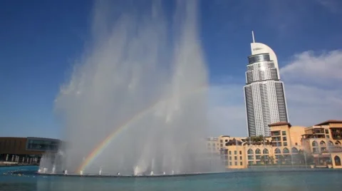 Rainbow fountains near Burj Dubai Lake Hotel in Dubai, UAE. Stock Footage 957779