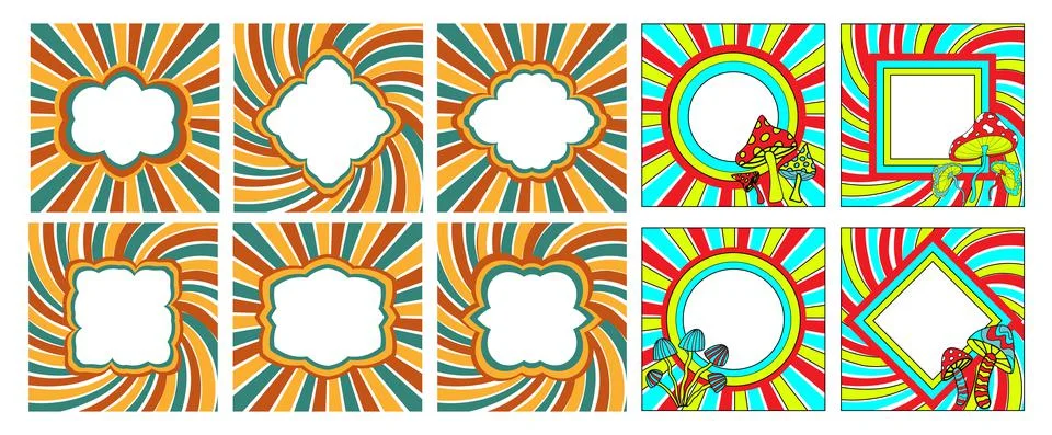 Rainbow frames set 70s psychedelic hippie style. Vintage frame 1970s groove Stock Illustration