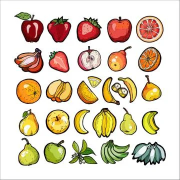 Rainbow fruits vector set isolated. Whole chopped strawberry, banana pear ora Stock Illustration