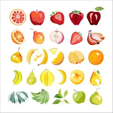 Rainbow fruits vector set isolated. Whole chopped strawberry, banana pear ora Stock Illustration