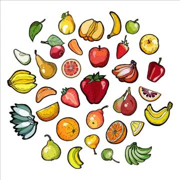 Rainbow fruits vector set isolated. Whole chopped strawberry, banana pear ora Stock Illustration