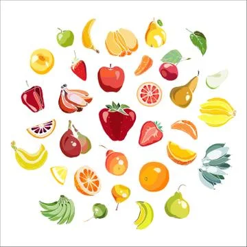 Rainbow fruits vector set isolated. Whole chopped strawberry, banana pear ora Stock Illustration