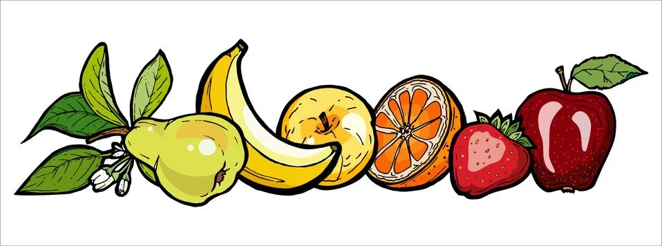 Rainbow fruits vector set isolated. Whole strawberry banana pear orange apple Stock Illustration