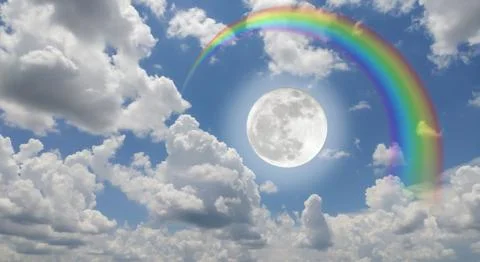 Rainbow full moon in the cloudy blue sky. Stock Illustration